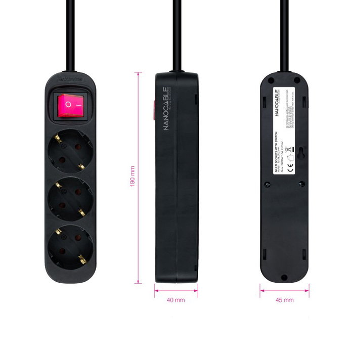 Nanocable Regleta de 3 Tomas con Interruptor y Cable de 1,4 m, Negro Nanocable Regleta de 3 Tomas con Interruptor y Cable de 1,4 m, Negro